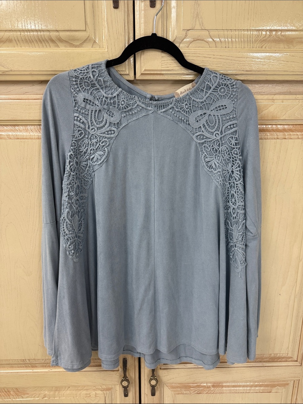 Altar'd State Dusty Blue Lace Yoke Long-Sleeve Top